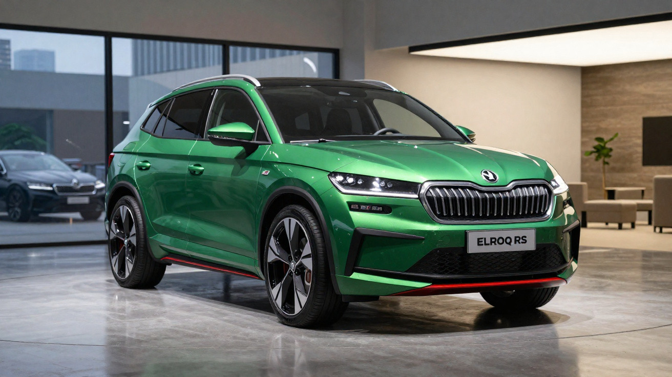Green Škoda ELROQ RS electric SUV displayed indoors with modern furniture and large windows in the background.