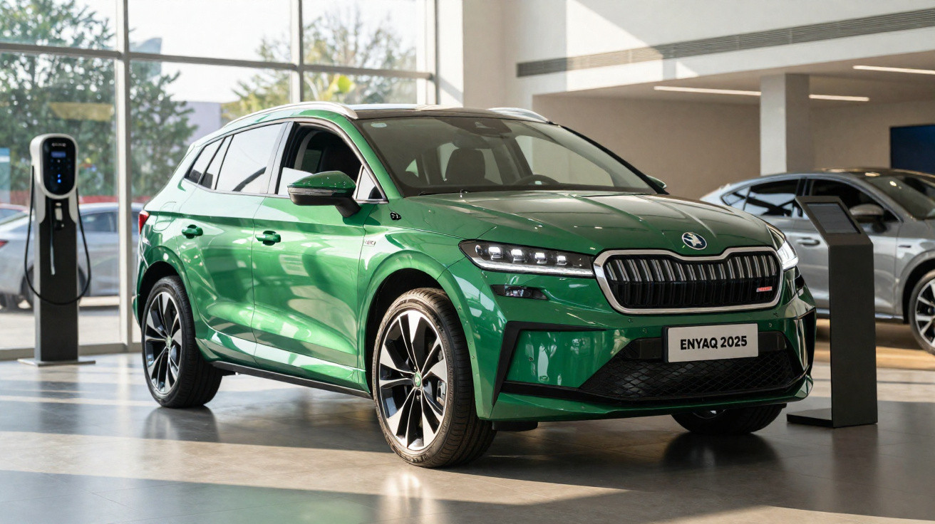 Green Škoda Enyaq 2025 electric SUV displayed inside a showroom near a charging station.