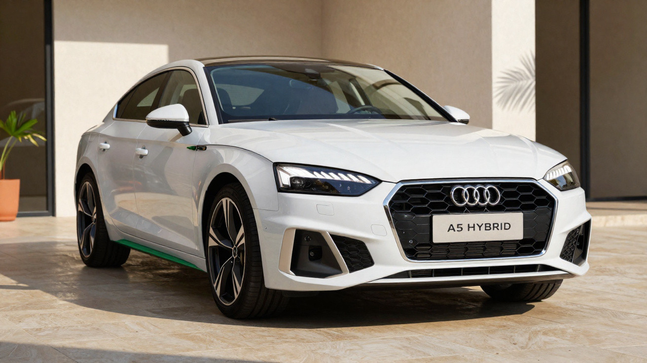 White Audi A5 Hybrid parked on a tiled driveway in front of a modern building.