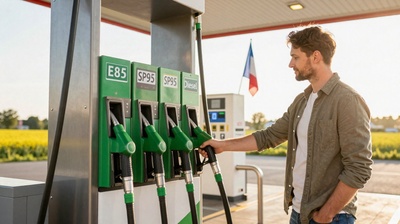 Man selecting diesel fuel pump at a petrol station with a French flag in the background.