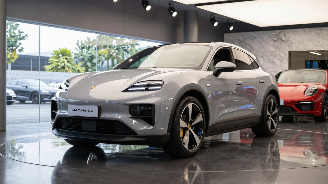 Silver Porsche Macan EV displayed in a modern showroom with a red sports car in the background.