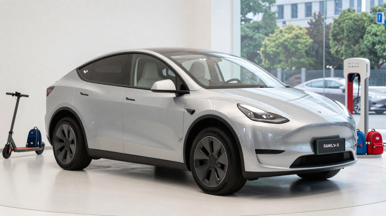 Silver Tesla Model Y electric car displayed indoors near a scooter and charging station.