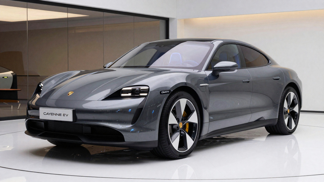 Grey Porsche Taycan electric sports car displayed indoors on a glossy white floor.