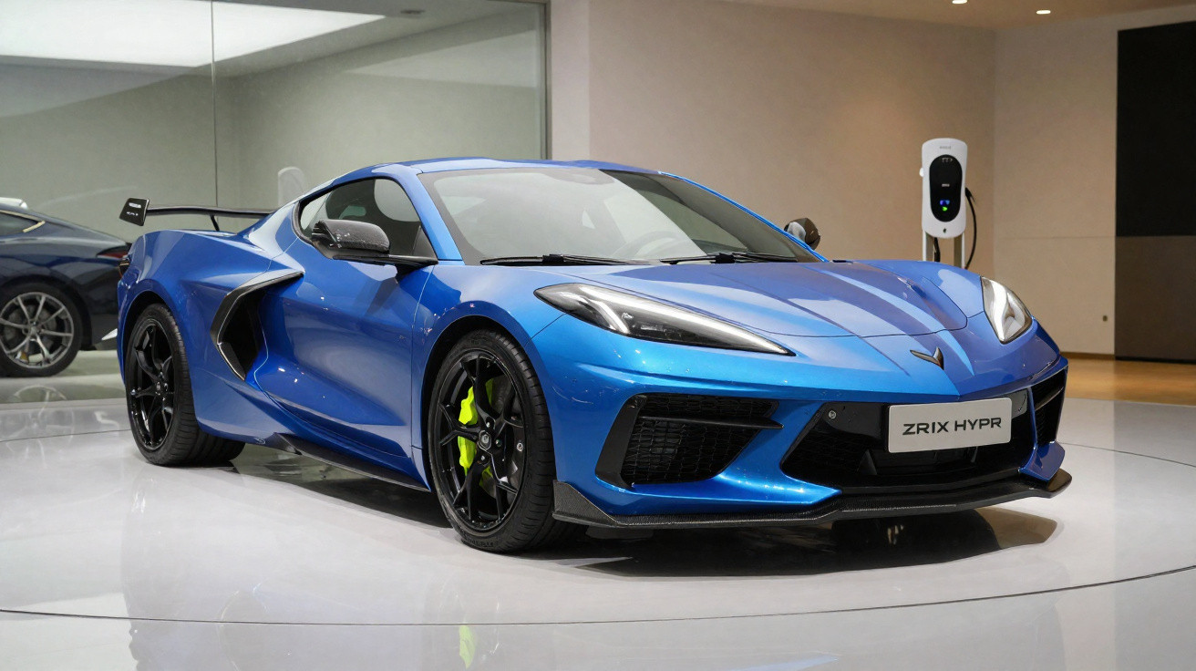 Blue sports car with black wheels and neon green brake calipers displayed indoors near a charging station