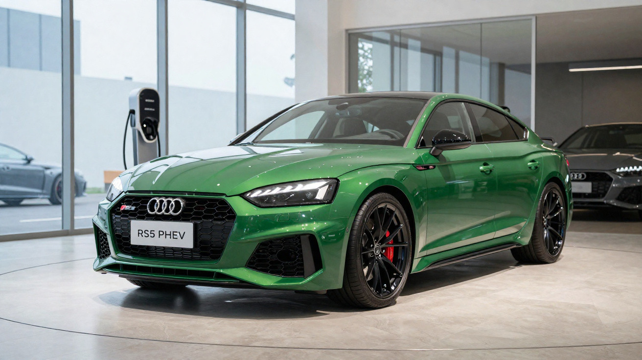 Green Audi RS5 PHEV sports car displayed indoors with black rims and red brake calipers.