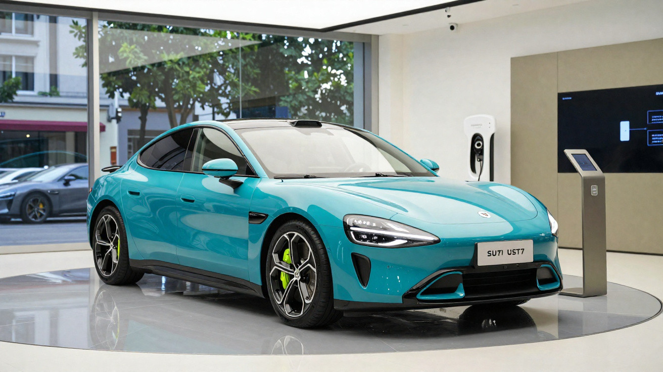 Blue electric sports car displayed in a modern showroom with charging station and interactive screen nearby