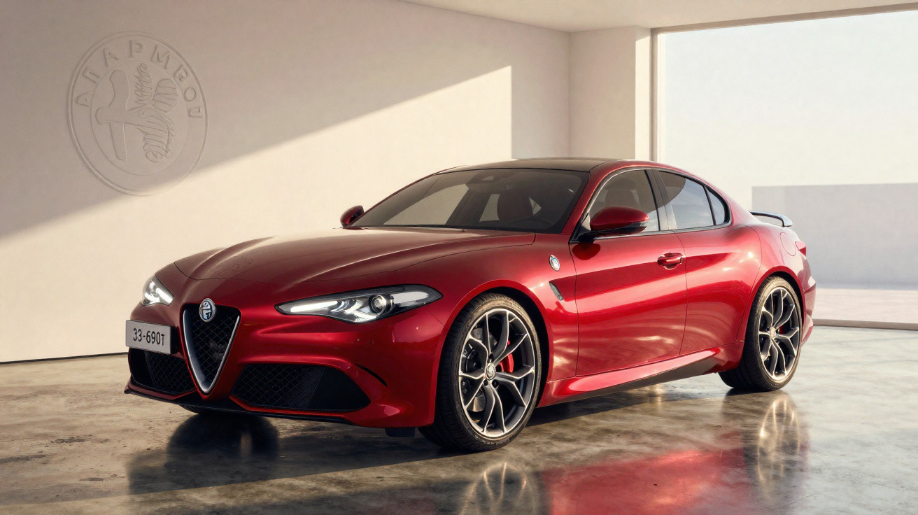 Red Alfa Romeo Giulia sports sedan parked indoors with polished concrete floor and soft natural light.