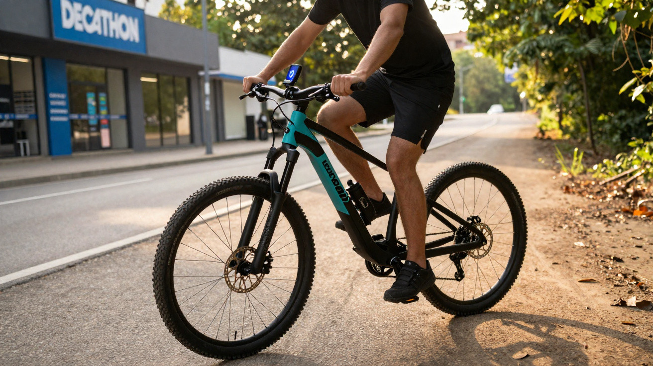 Person wearing black shorts and top riding a blue and black mountain bike near a Decathlon store.
