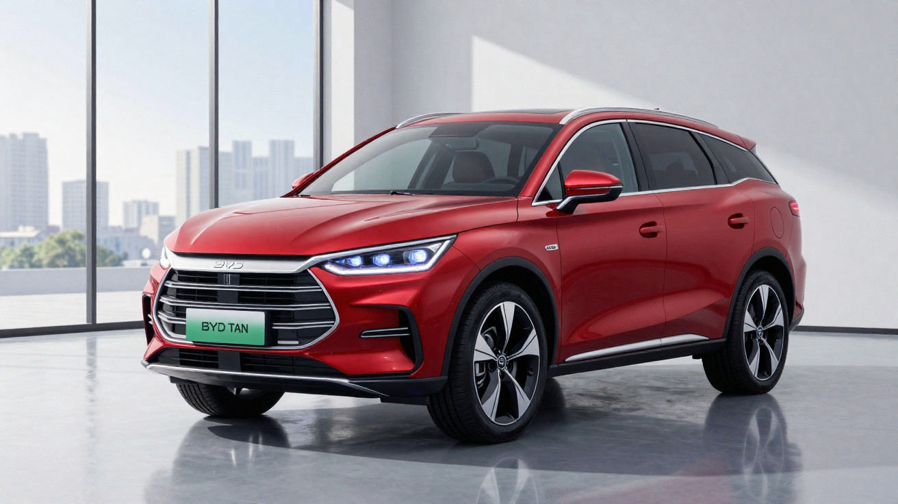Red BYD Tan electric SUV parked indoors with cityscape visible through large windows.