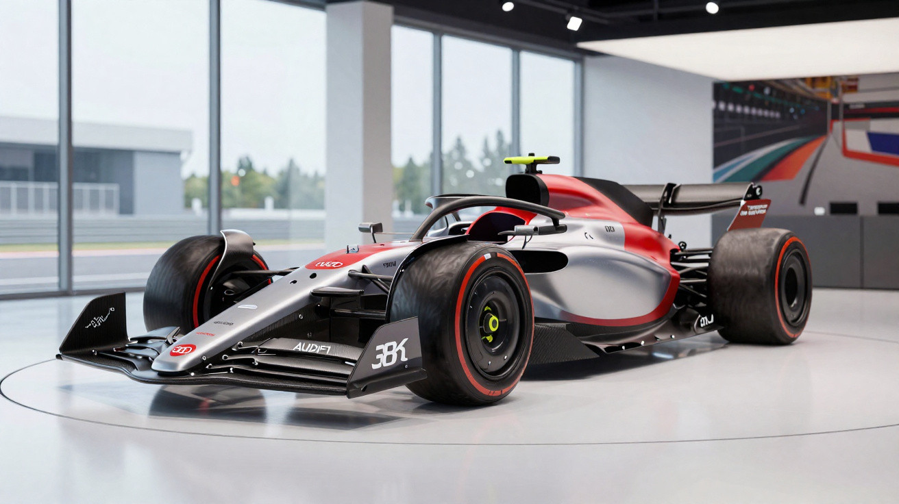Red, white, and black modern Formula 1 car displayed indoors on a white circular platform.