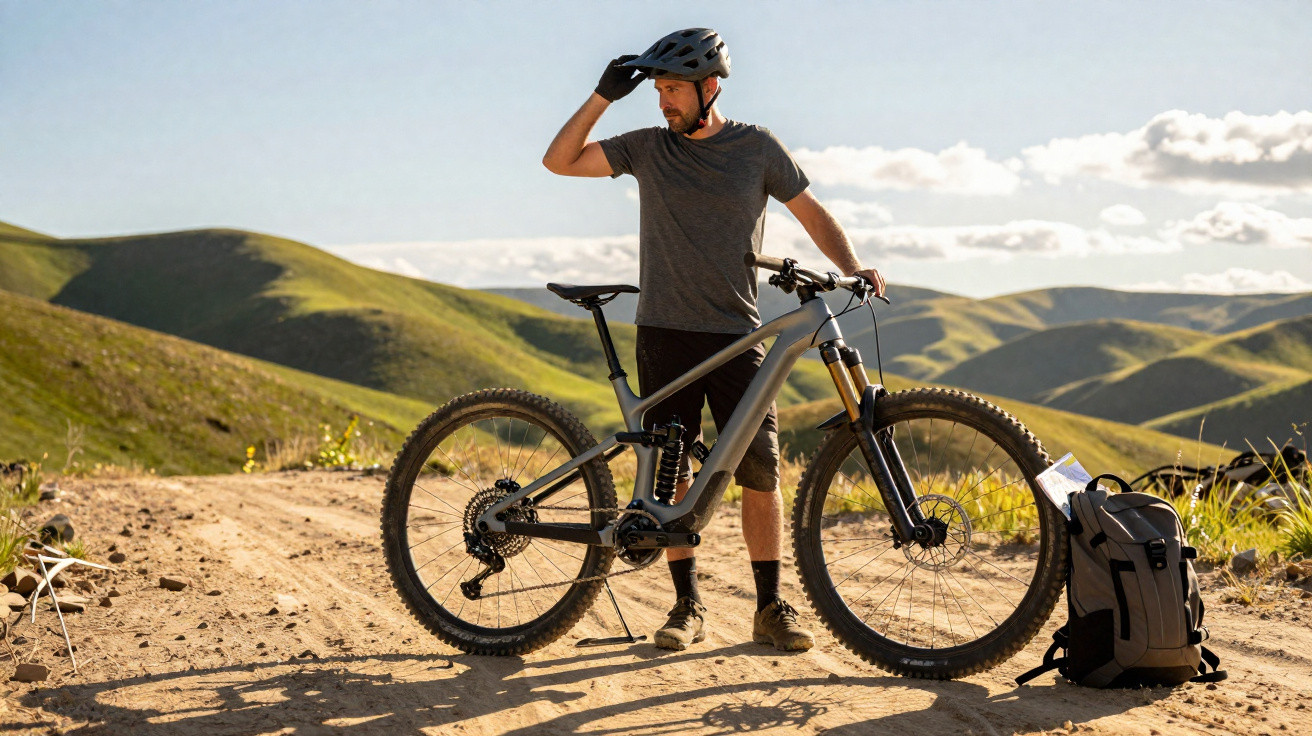 Man wearing helmet with mountain bike on dirt trail in hilly landscape under clear sky