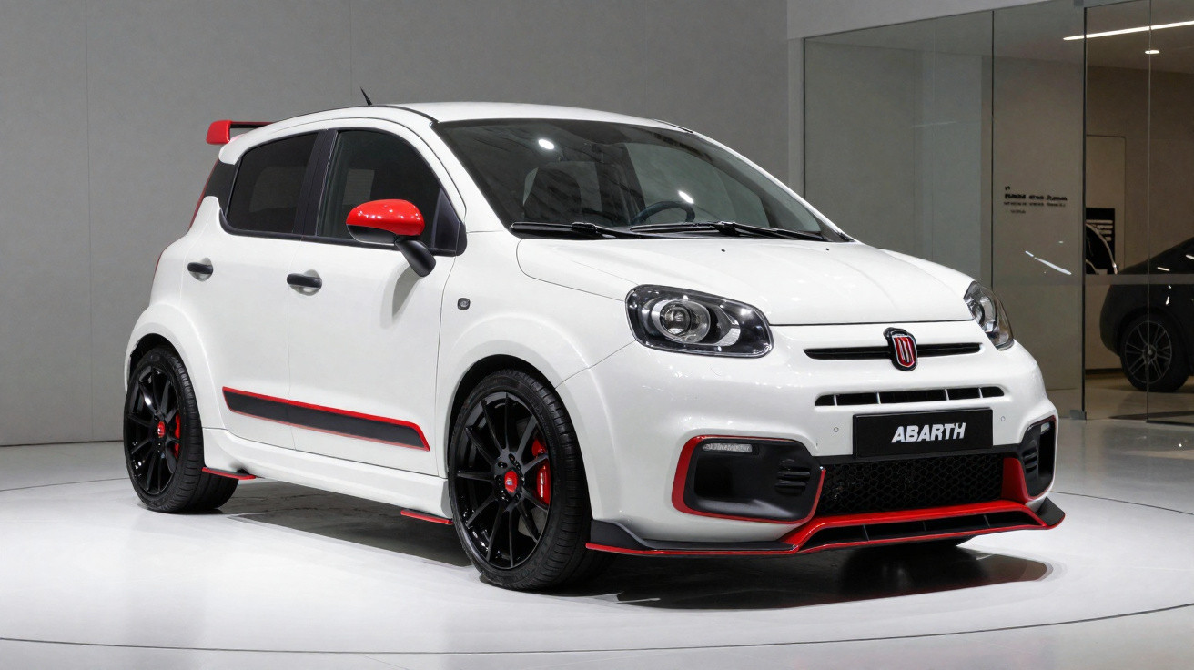 White Abarth sports hatchback with red accents and black alloy wheels displayed in a showroom.