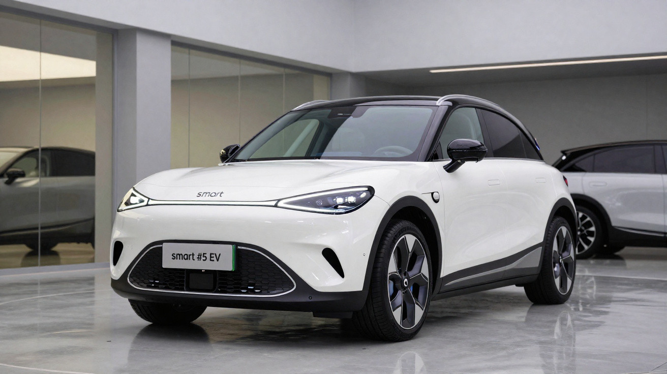 White Smart #5 electric vehicle parked indoors with modern design and black roof accents.