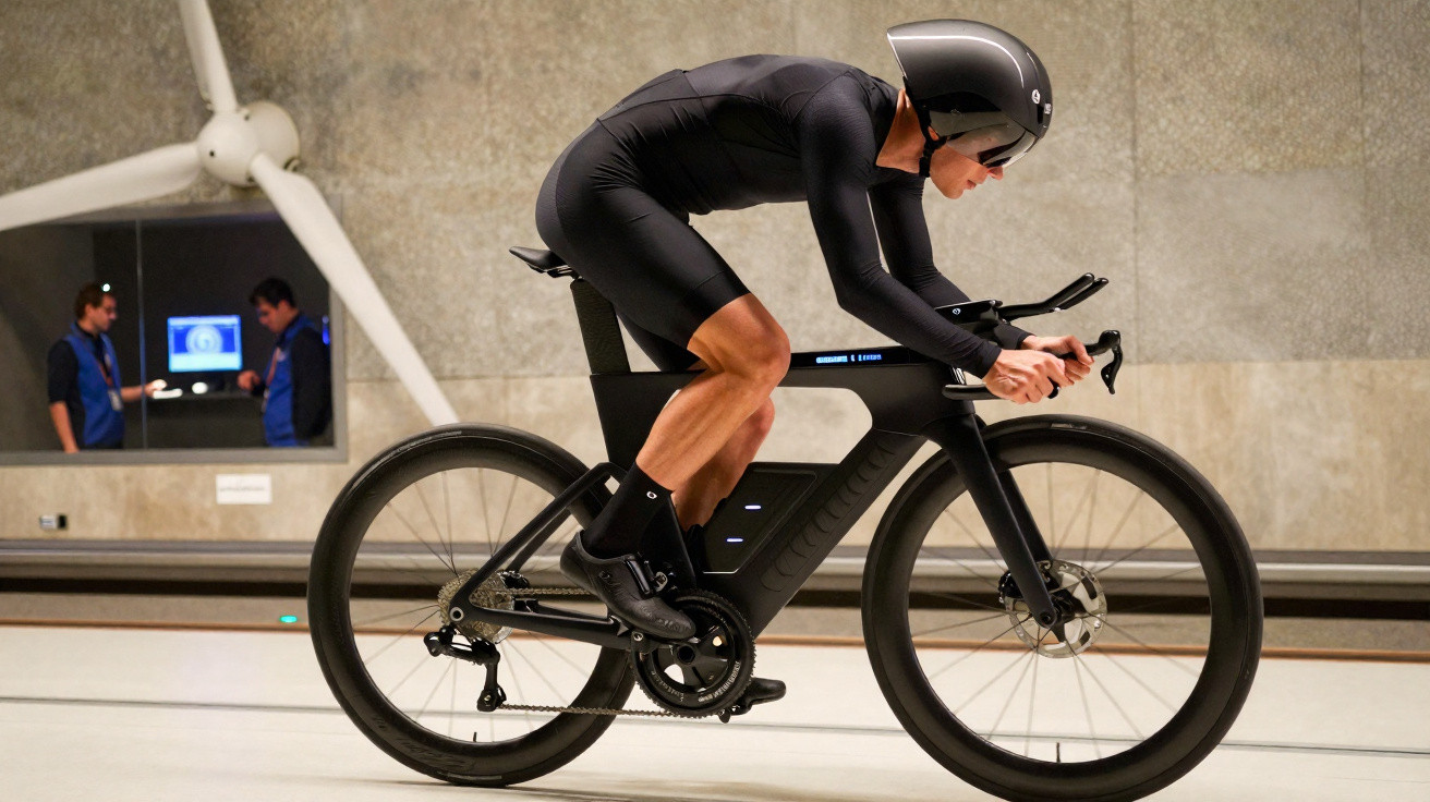 Cyclist in aerodynamic suit and helmet testing a high-tech bike indoors in front of a large fan.