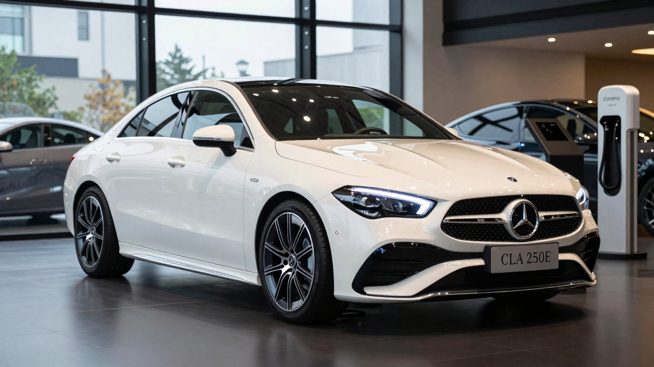 White Mercedes-Benz CLA 250E parked indoors with modern lighting and a charging station in the background.