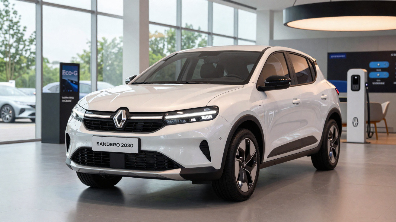 White Renault Sandero 2030 hatchback displayed in a showroom with charging station in the background.