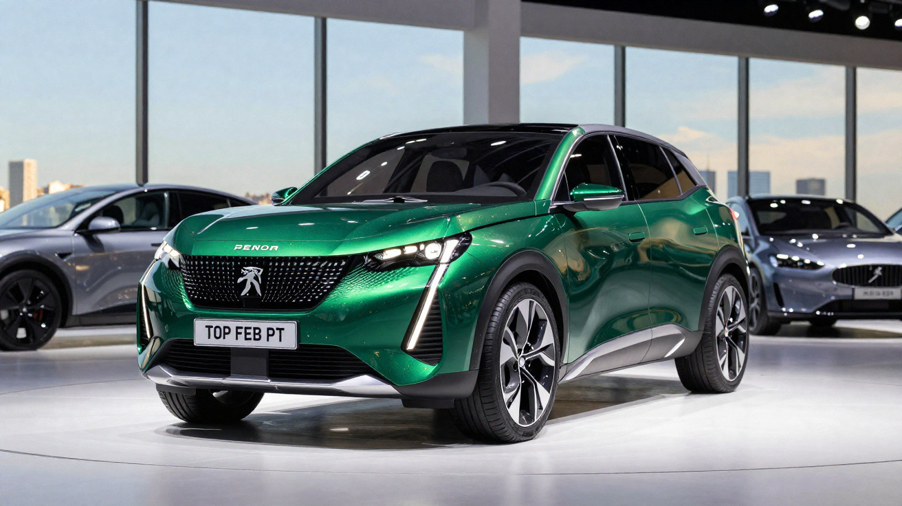 Green Peugeot electric SUV displayed in showroom with silver cars in background under bright lighting.