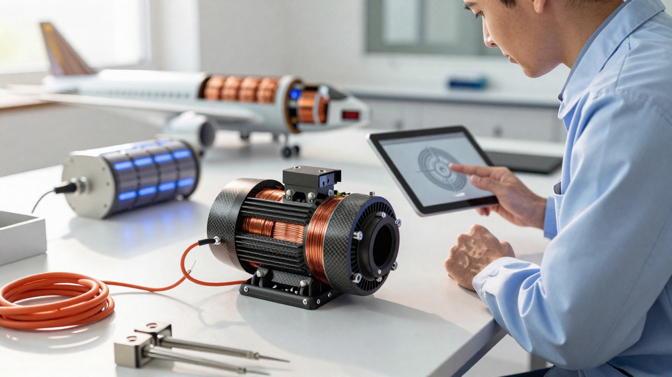 Engineer analysing electric motor prototype using a tablet in a laboratory setting.