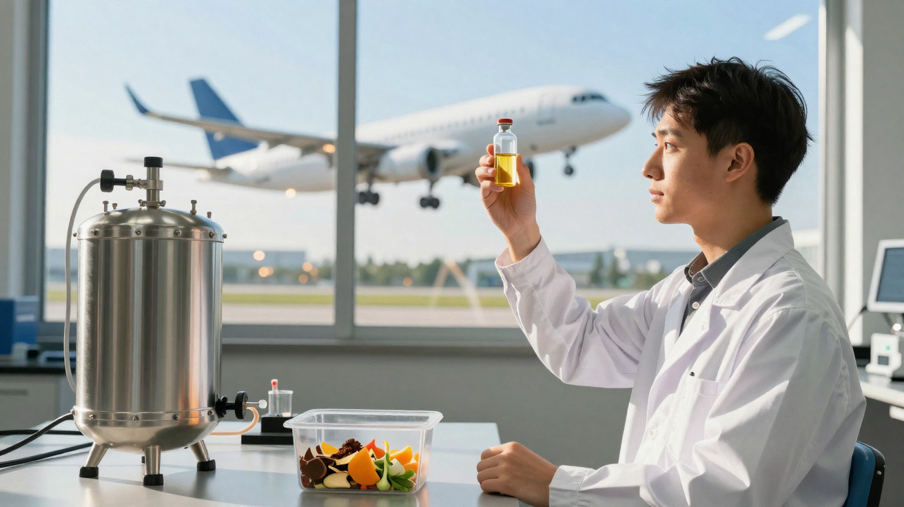 Scientist in lab coat examining liquid in vial with airplane visible through window at airport lab.