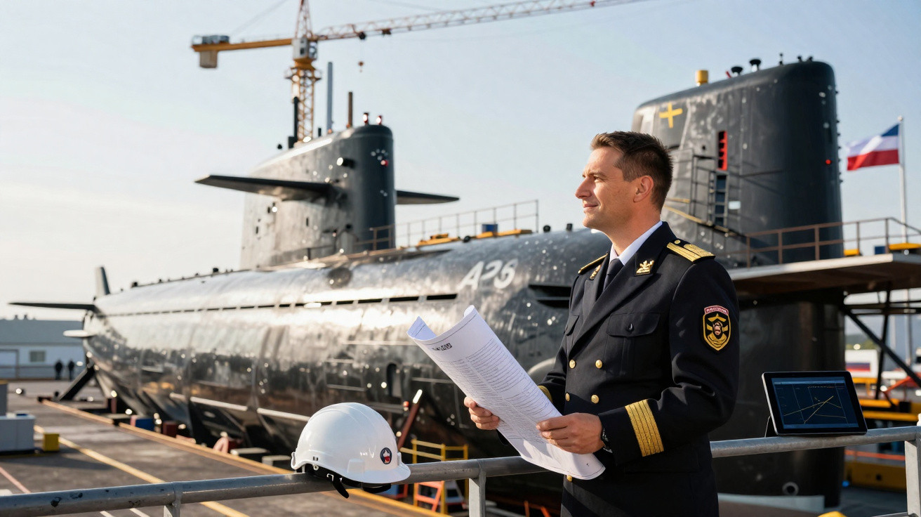 Naval officer in uniform holding documents near a docked submarine with crane in the background.