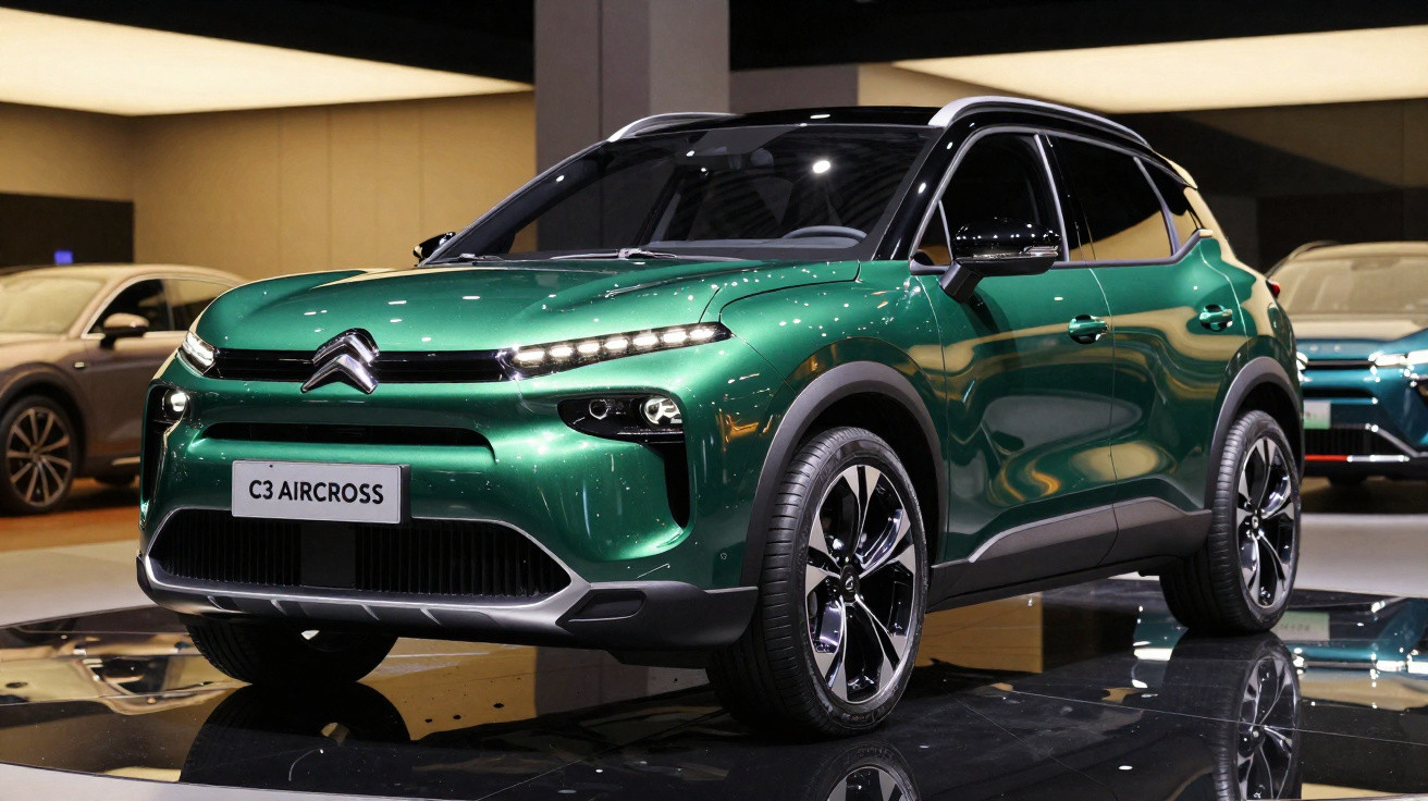 Green Citroën C3 Aircross compact SUV displayed indoors on a glossy floor with modern lighting.