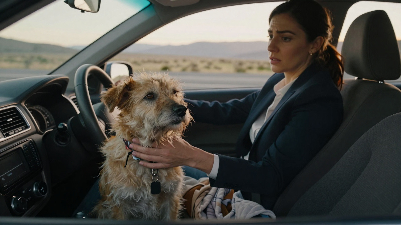 Woman sitting in car holding a scruffy dog on her lap with a desert landscape in the background.
