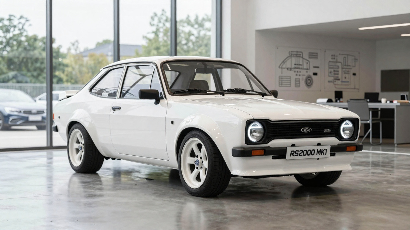 White classic Ford RS2000 MK1 car displayed in a modern showroom with large windows and office furniture.