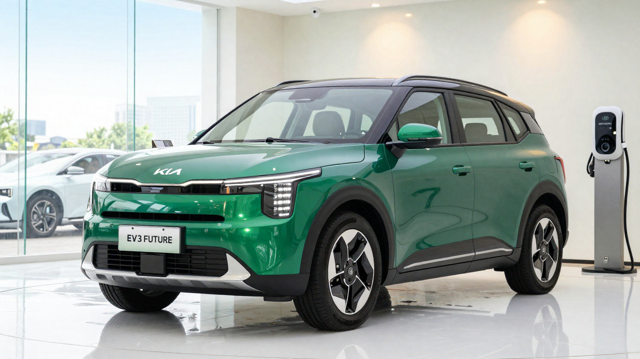 Green Kia EV3 electric SUV displayed indoors next to a charging station in a showroom.