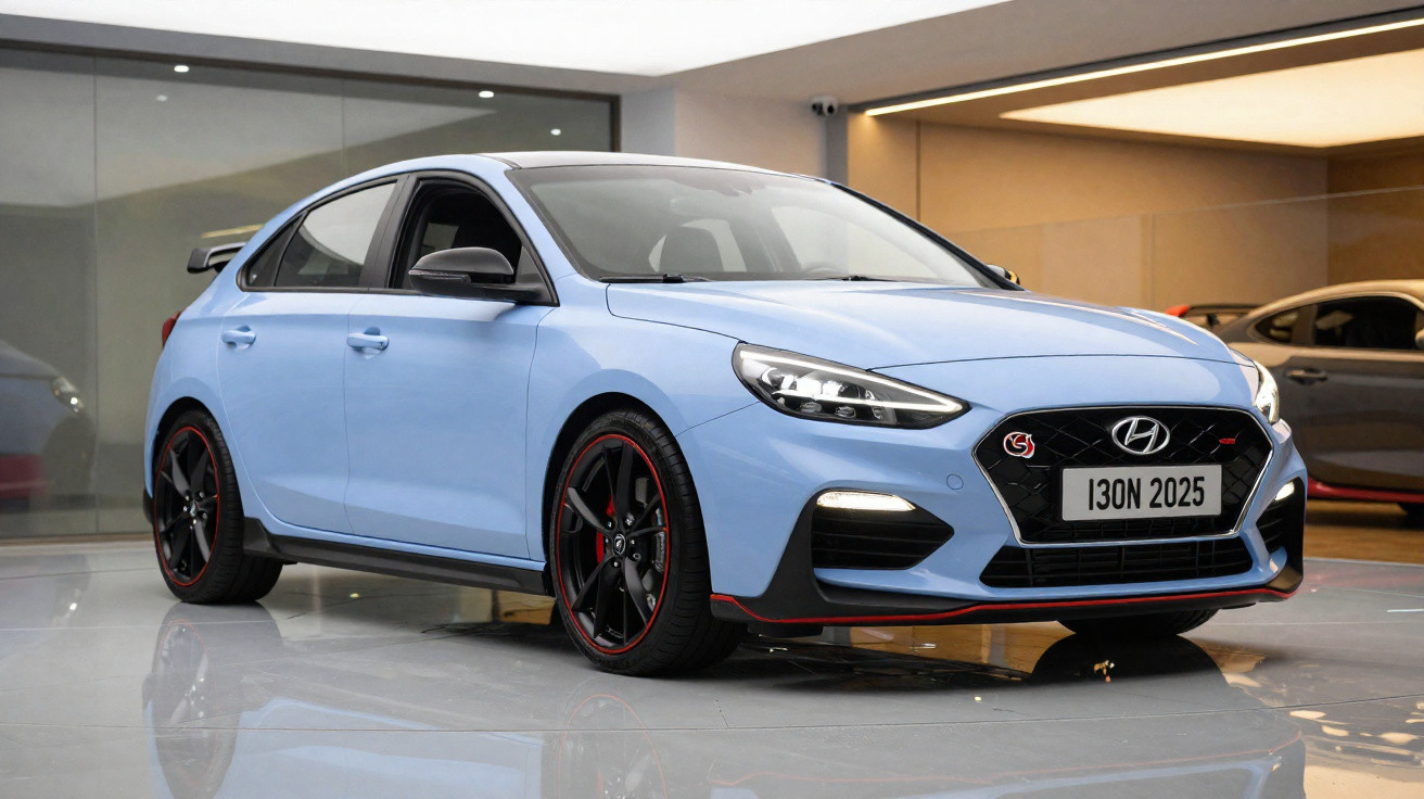Light blue Hyundai sporty sedan with black and red alloy wheels parked indoors on glossy floor.
