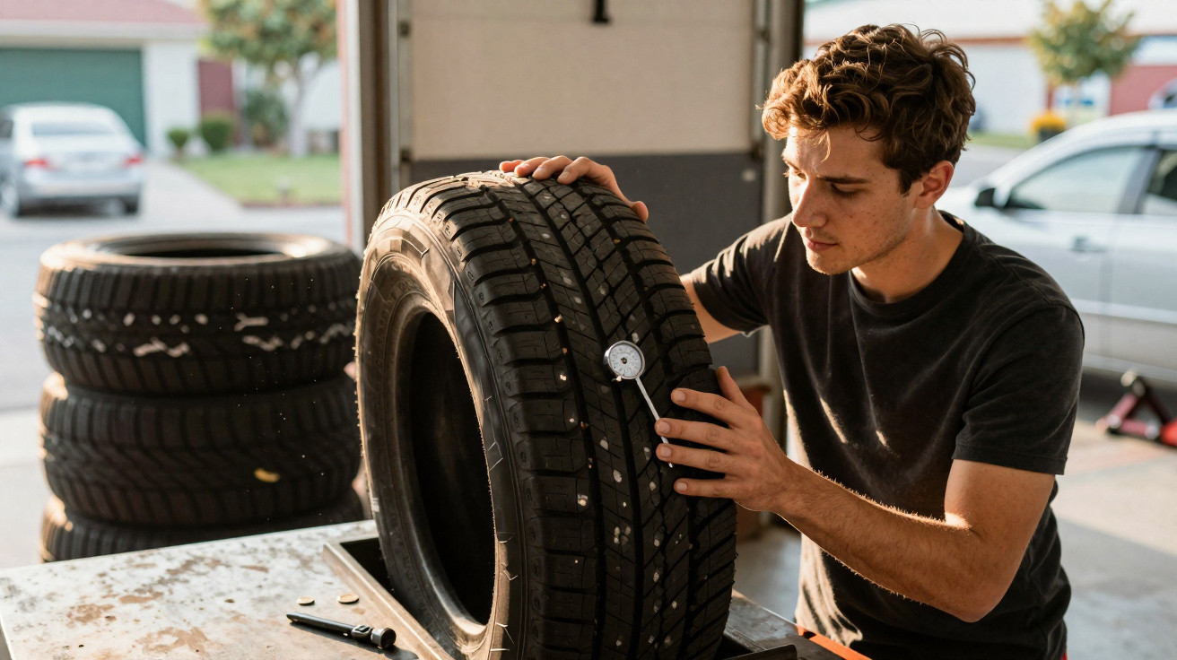 Young man checking tyre tread depth with a gauge in a garage with stacked tyres in the background.