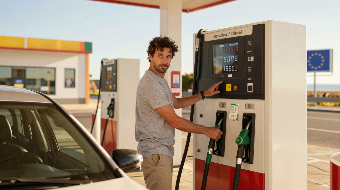 Man refuelling his car at a petrol station under clear sky near a European Union road sign.