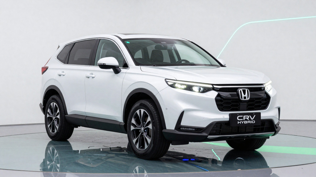 White Honda CR-V Hybrid SUV on a reflective showroom floor with headlights on, angled front view.