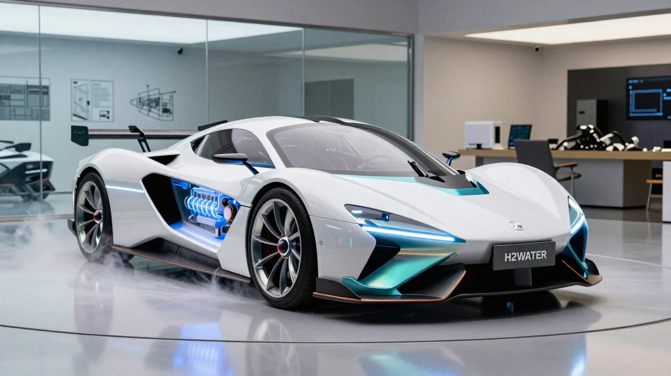 White futuristic hydrogen-powered sports car with illuminated engine display in a modern showroom.