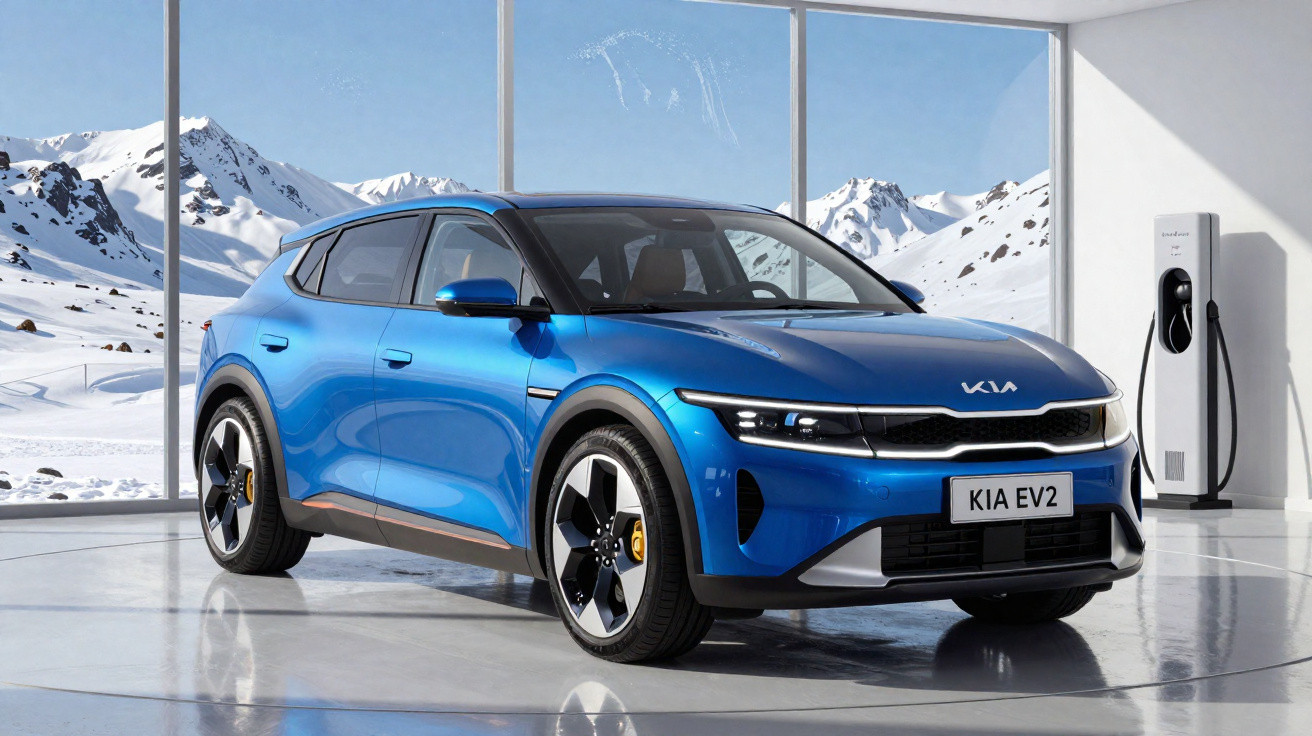 Blue Kia EV2 electric car parked indoors next to a charging station with snowy mountains visible through windows.