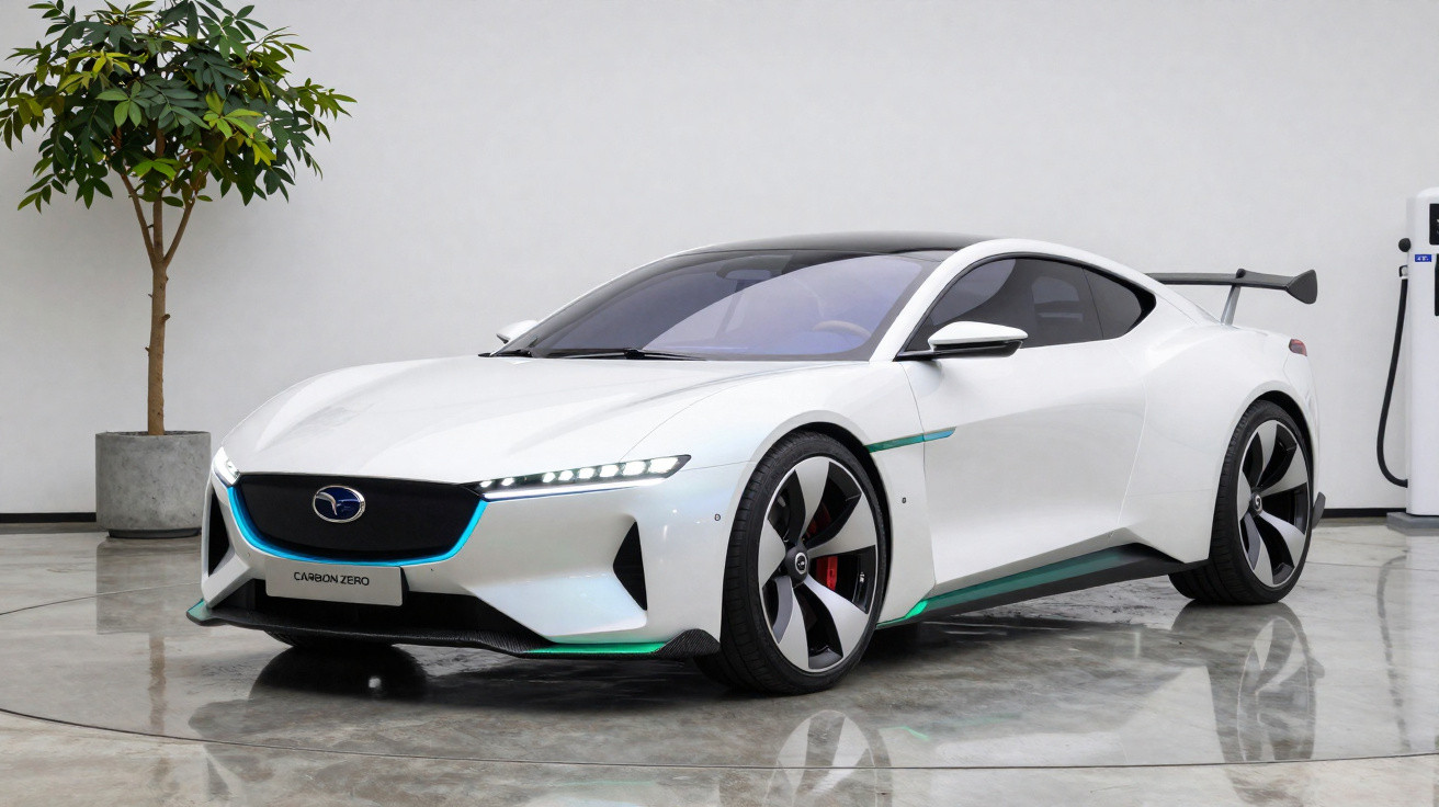 White futuristic Subaru electric sports car with sleek design and blue accents in a showroom.