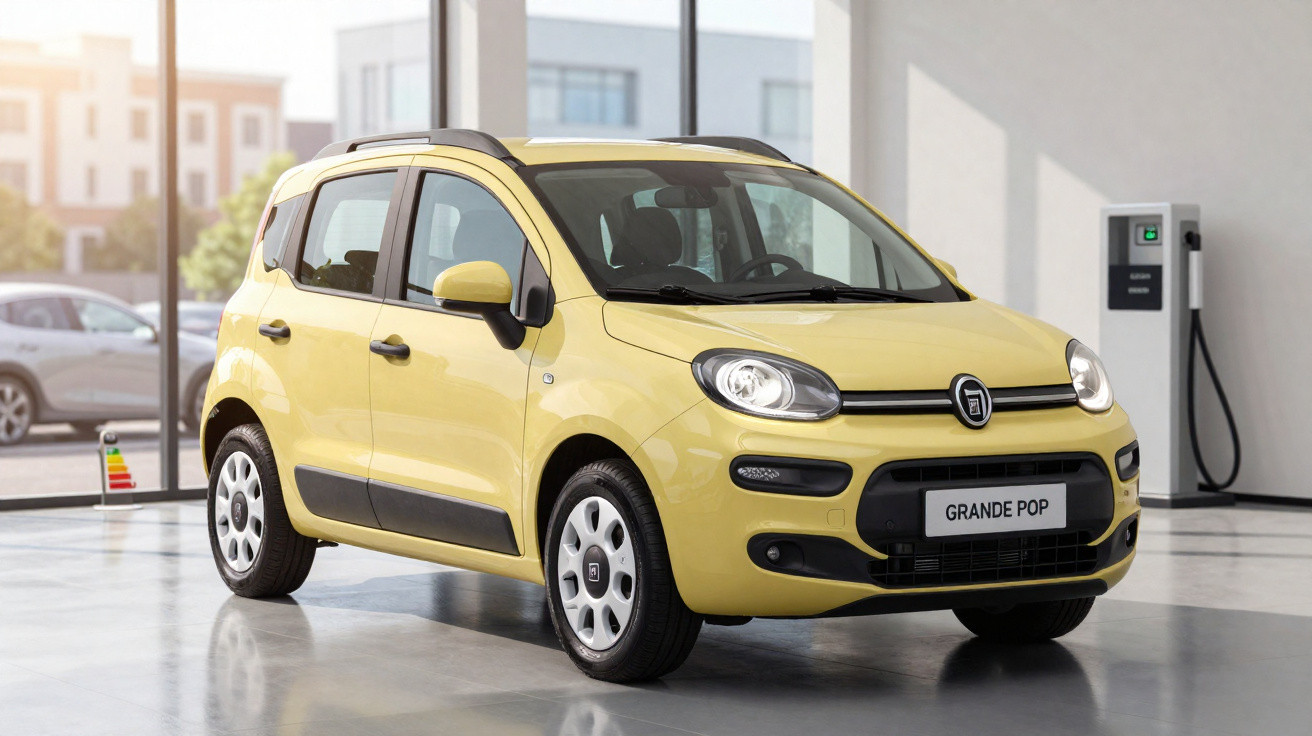 Yellow Fiat Grande Pop compact car parked indoors beside an electric vehicle charging station.