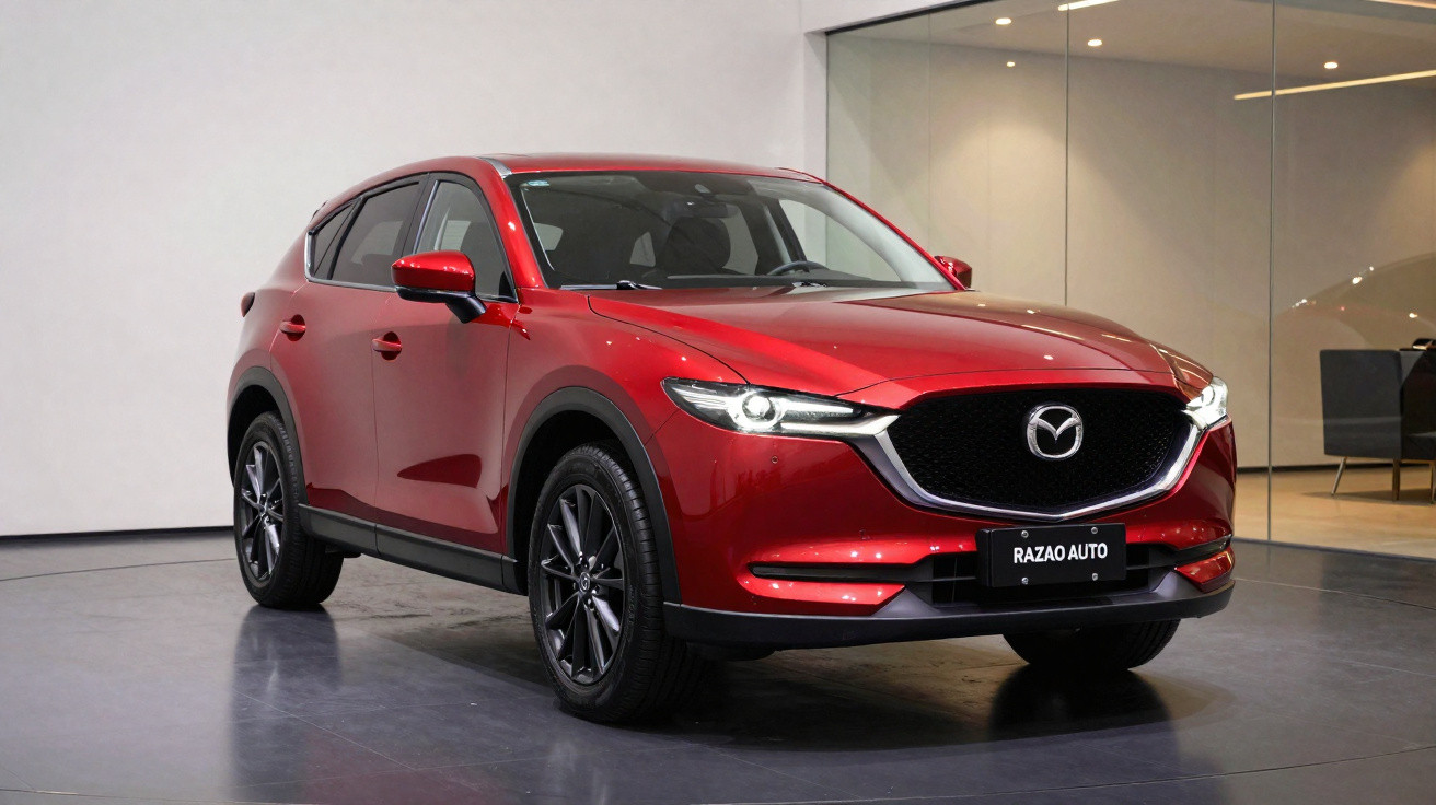 Red Mazda CX-5 SUV parked indoors with glossy finish and black alloy wheels, showroom background.
