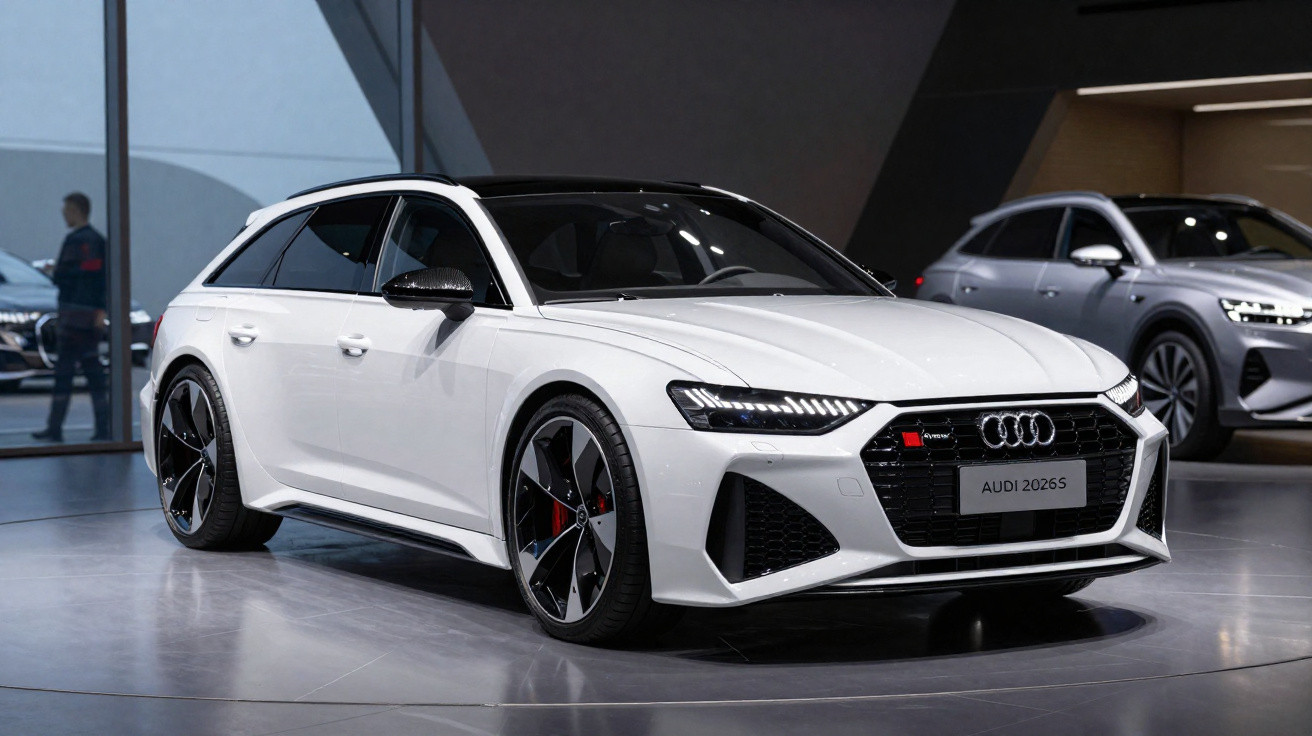 White Audi RS Avant with black tinted windows and modern alloy wheels on display in a showroom.
