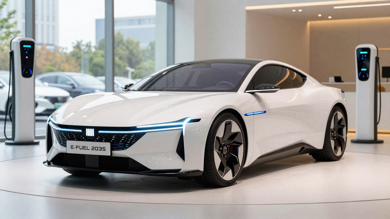 White futuristic electric sports car displayed indoors with charging stations in a modern showroom.