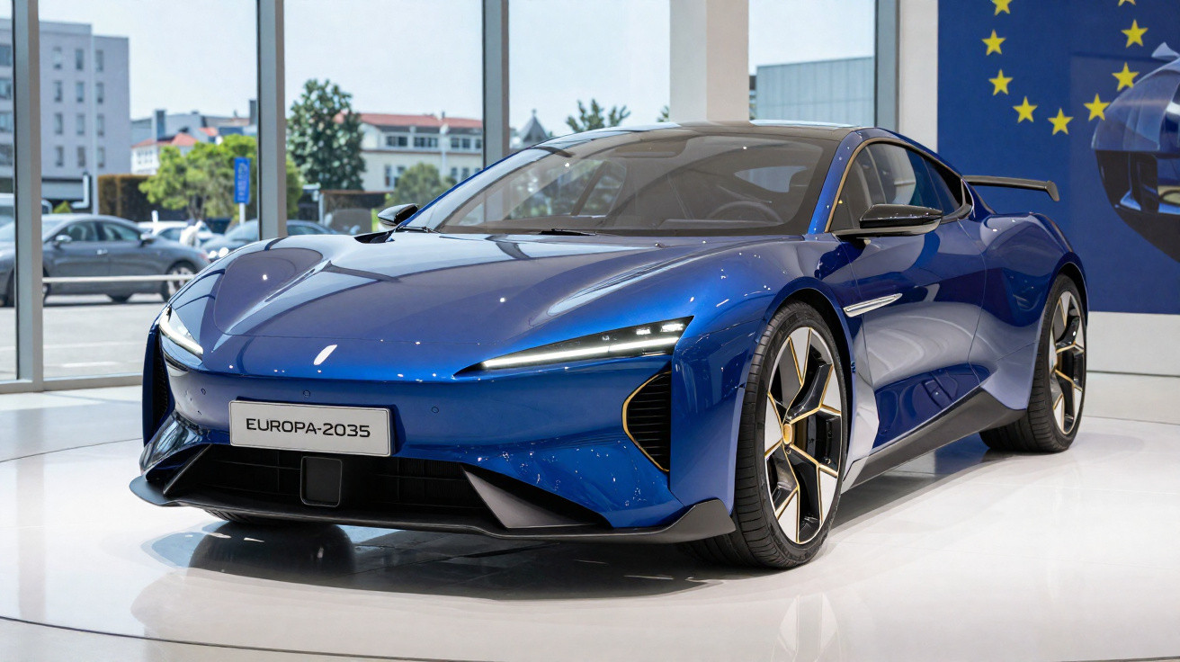 Blue futuristic sports car displayed indoors with sleek design and "EUROPA-2035" license plate.