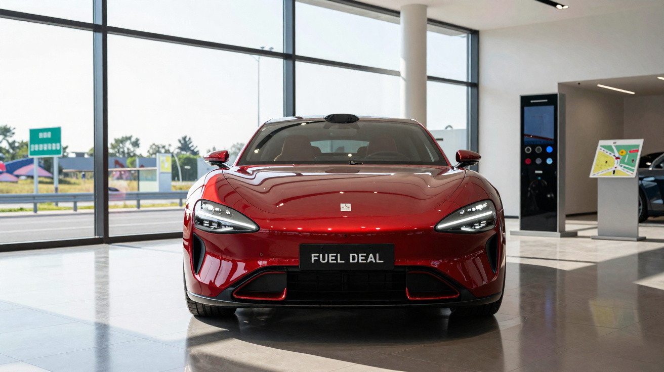 Red sleek sports car with "Fuel Deal" plate inside a bright modern showroom.