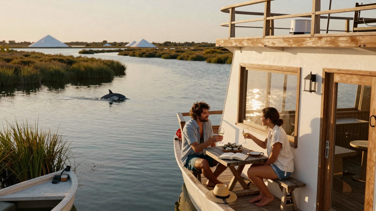 Couple enjoying drinks on a houseboat in calm waters with a dolphin and salt mountains in the background.