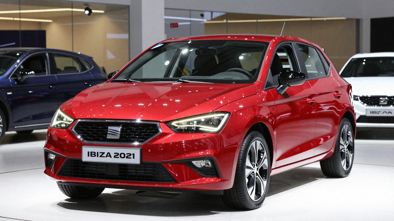 Red 2021 SEAT Ibiza hatchback car displayed indoors with modern headlights and alloy wheels.
