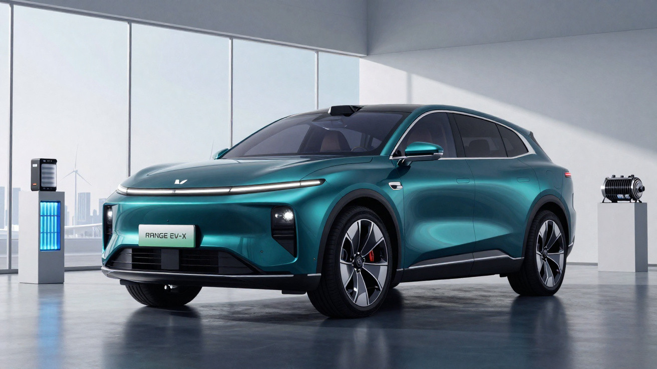 Sleek blue electric SUV parked indoors near a charging station with large windows in the background.