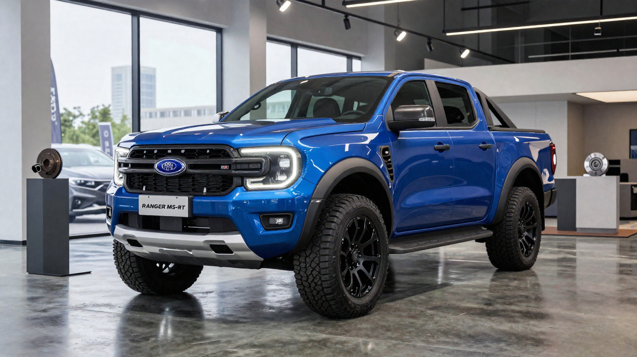 Blue Ford Ranger MS-RT pickup truck displayed inside a modern showroom with polished concrete floors.
