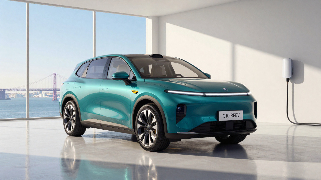 Teal electric SUV parked indoors next to a wall-mounted charger with large windows overlooking a bridge and water.