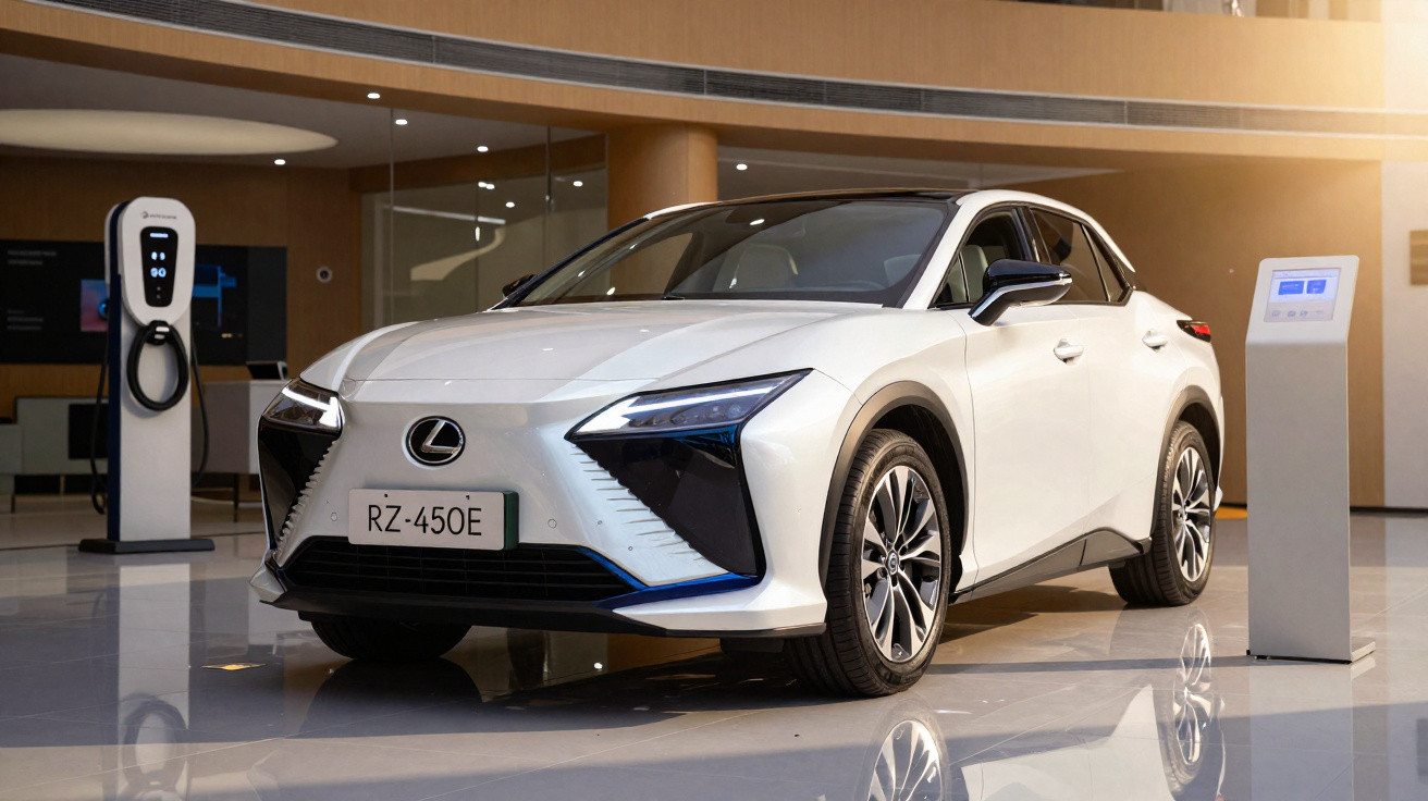 White Lexus RZ-450e electric SUV parked indoors near charging stations in a modern showroom.