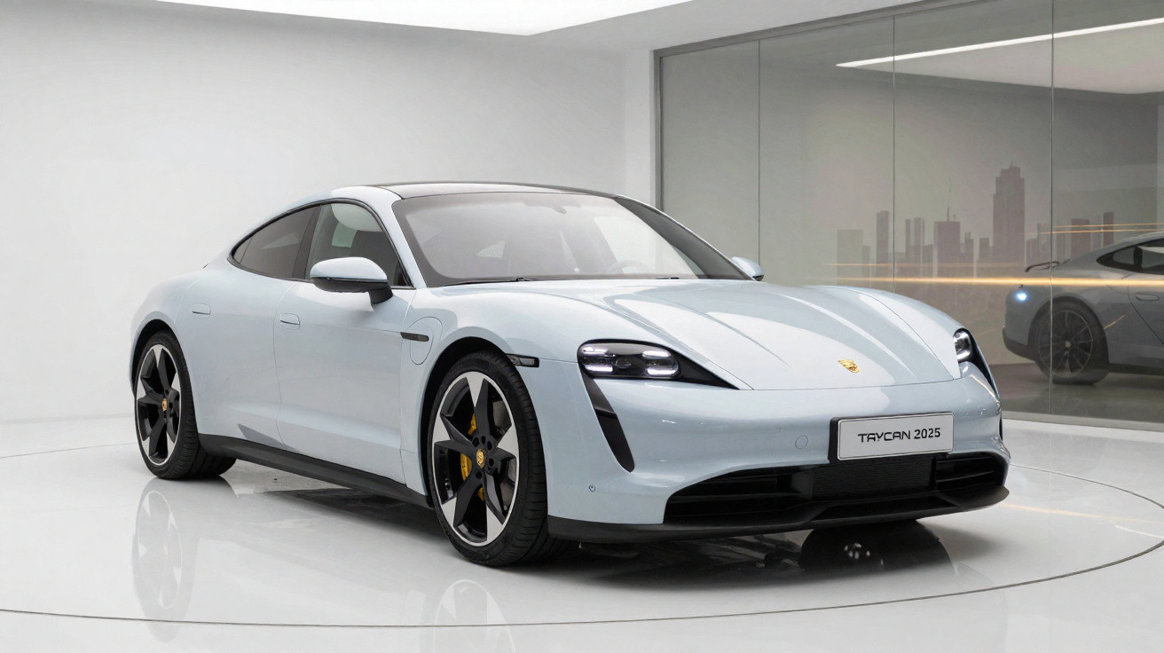 Silver Porsche Taycan 2025 electric sports car displayed in a minimalistic showroom with glass walls.