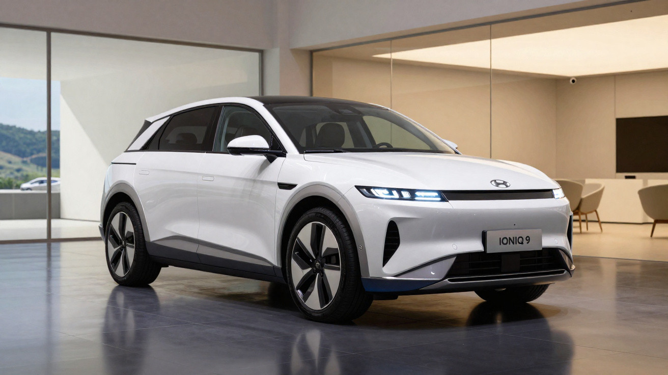 White Hyundai Ioniq 9 electric SUV parked indoors with modern minimalist interior background.