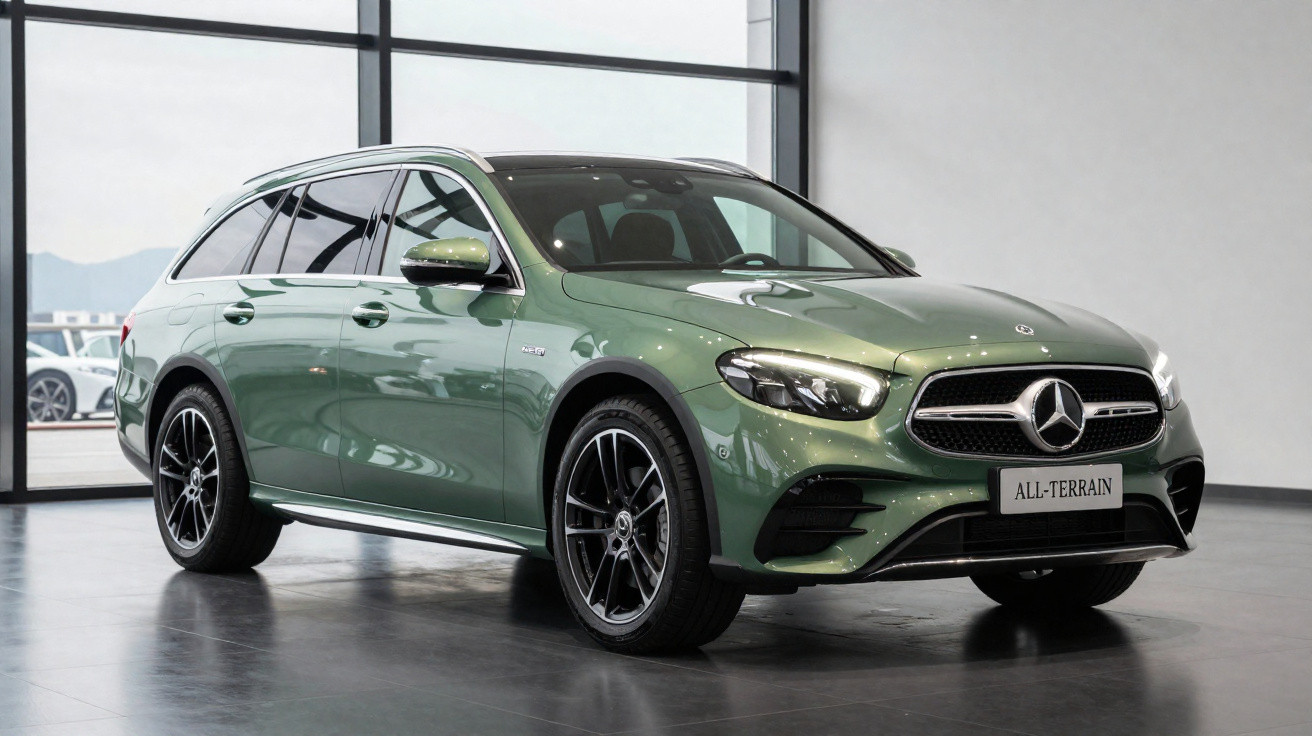 Green Mercedes-Benz All-Terrain estate car parked indoors on a shiny floor with large windows in the background.